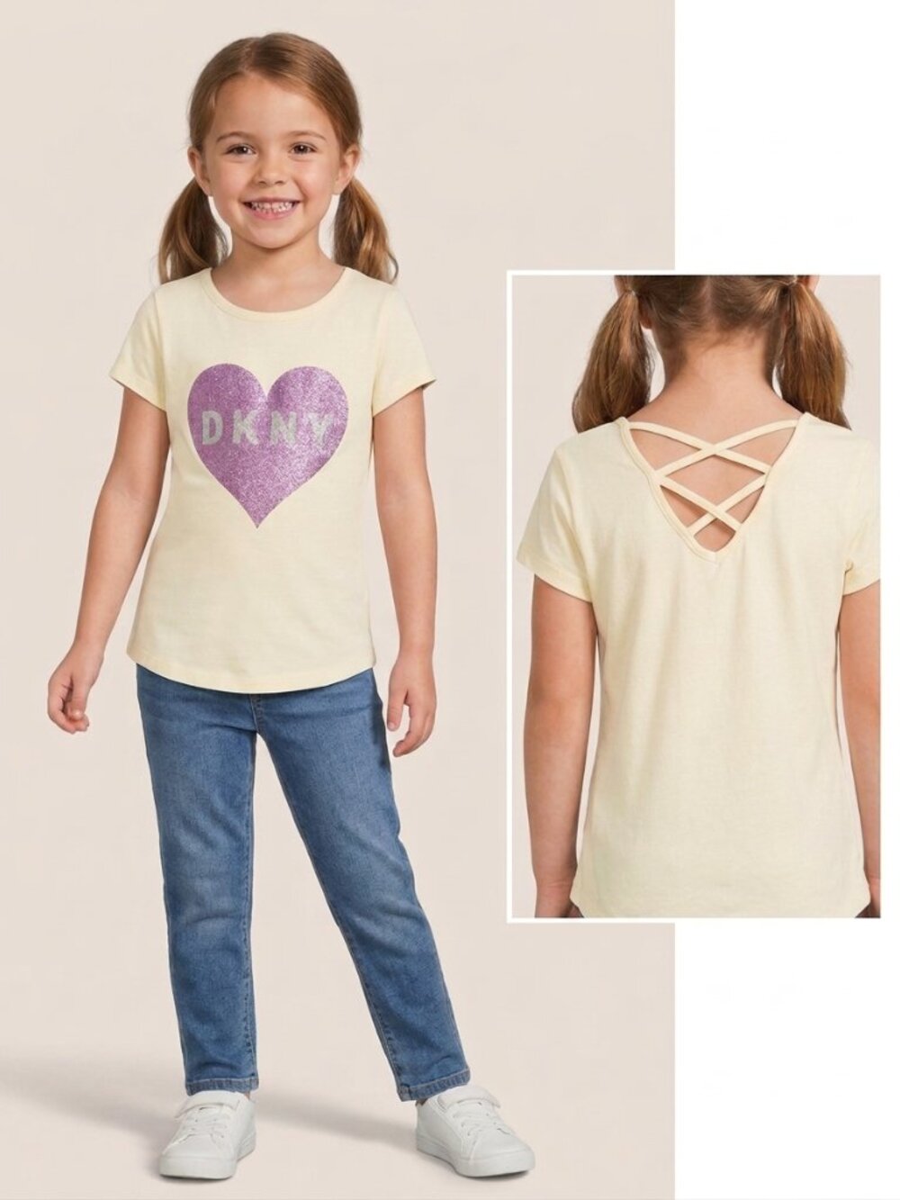 DKNY Kids size 8 Yellow Tee with Purple Heart